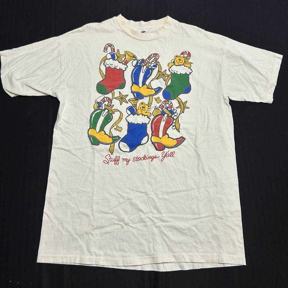Vintage Christmas Short Sleeve T-Shirt One Size Fits All Single Stitch Stockings